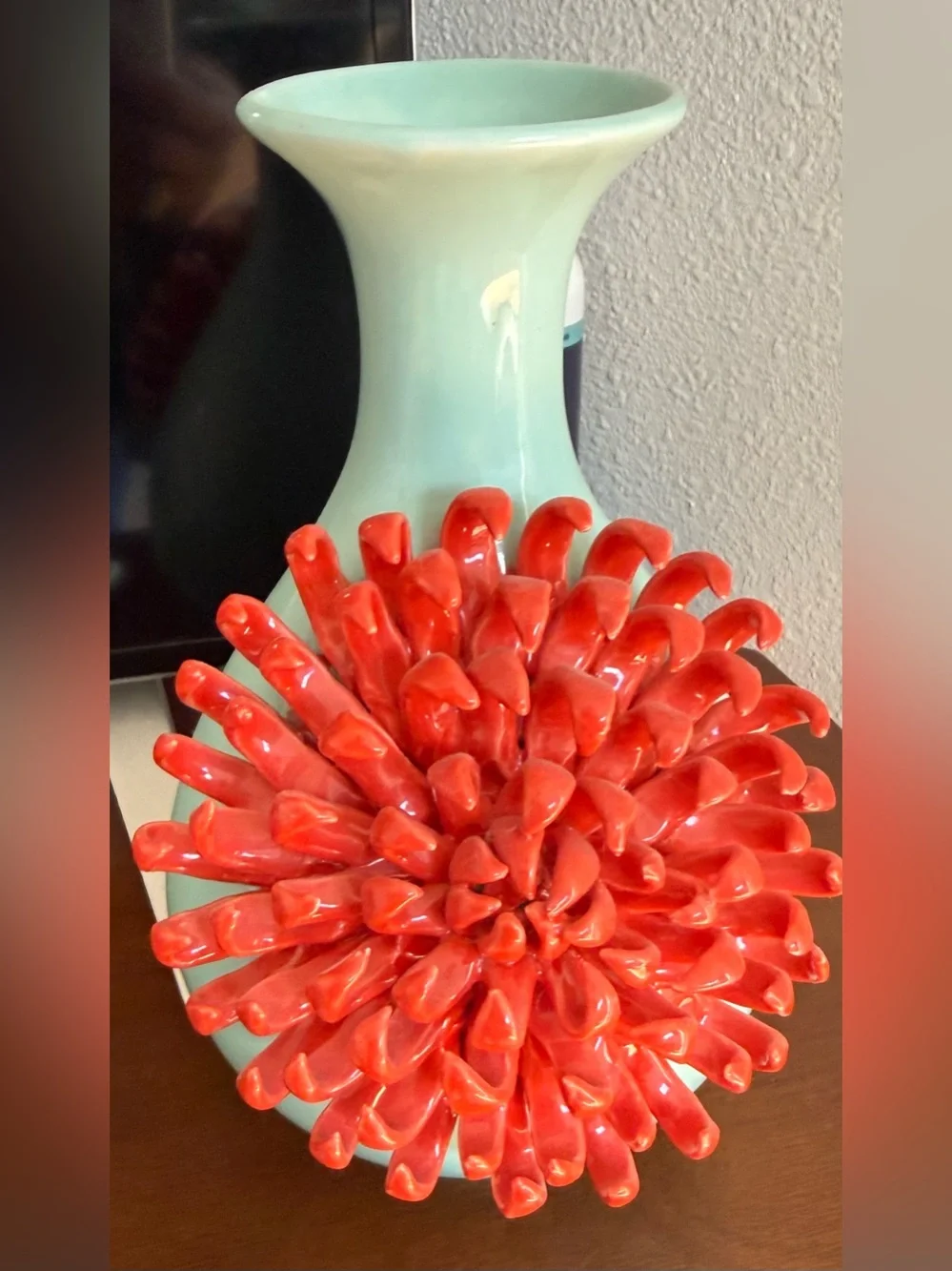 Anthropologie Celadon Blue 3D Red Chrysanthemum Ceramic Vase Rare